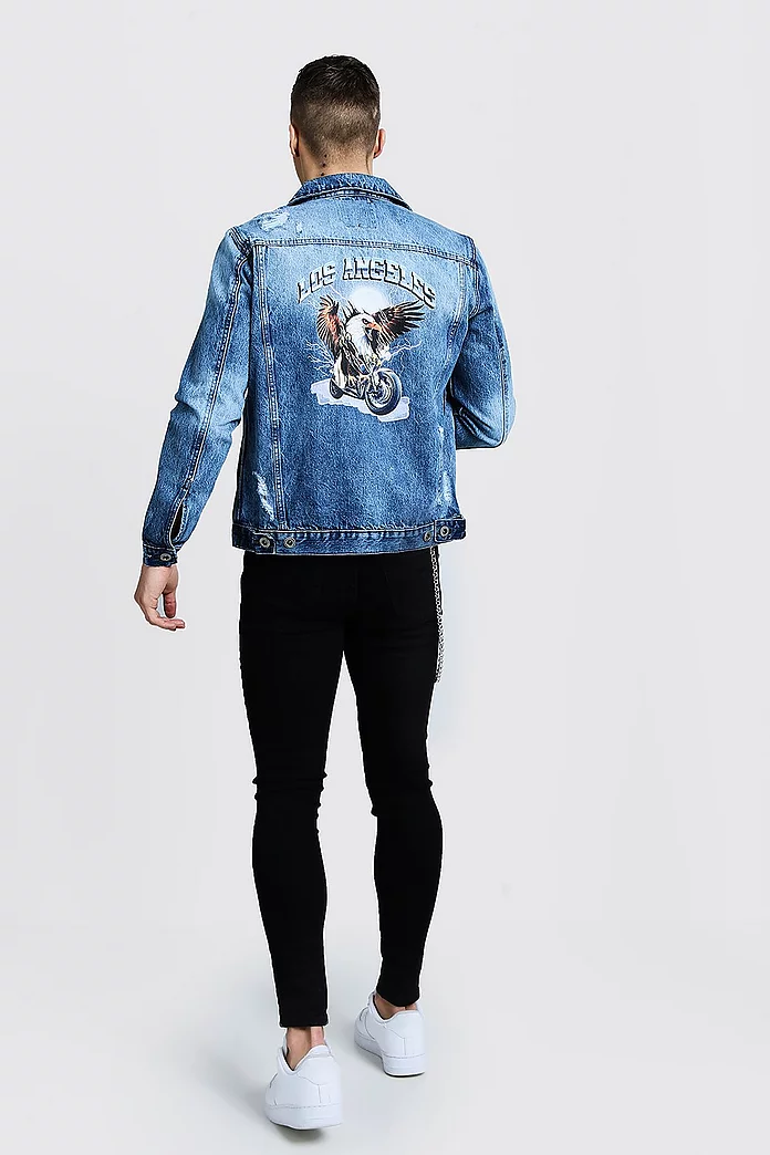 Denim Jacket With Back Print | boohooMAN USA Denim Jacket With Back Print | boohooMAN USA